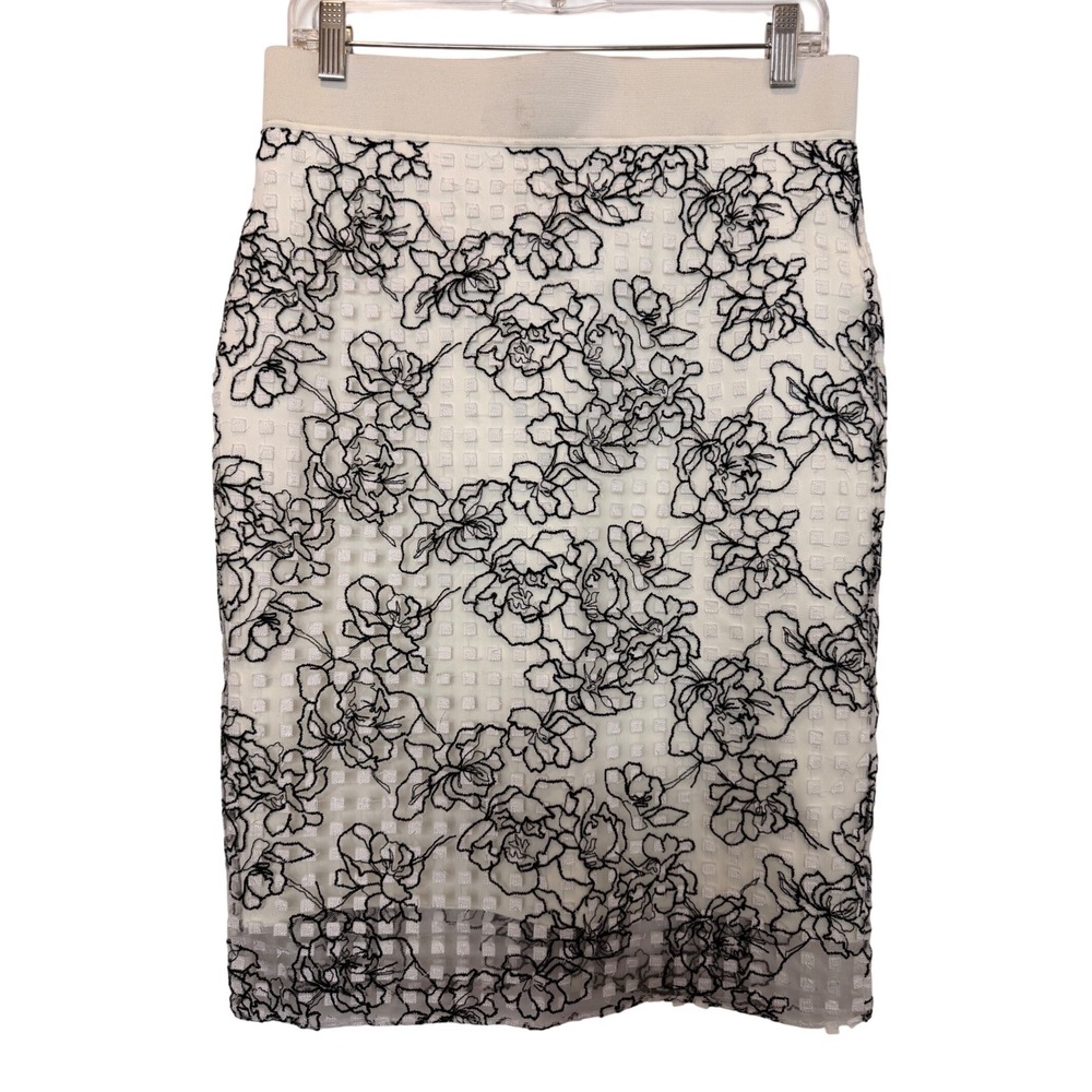 Reed Krakoff Womens Floral Embroidered Silk Lined Pencil Skirt White Black Mesh